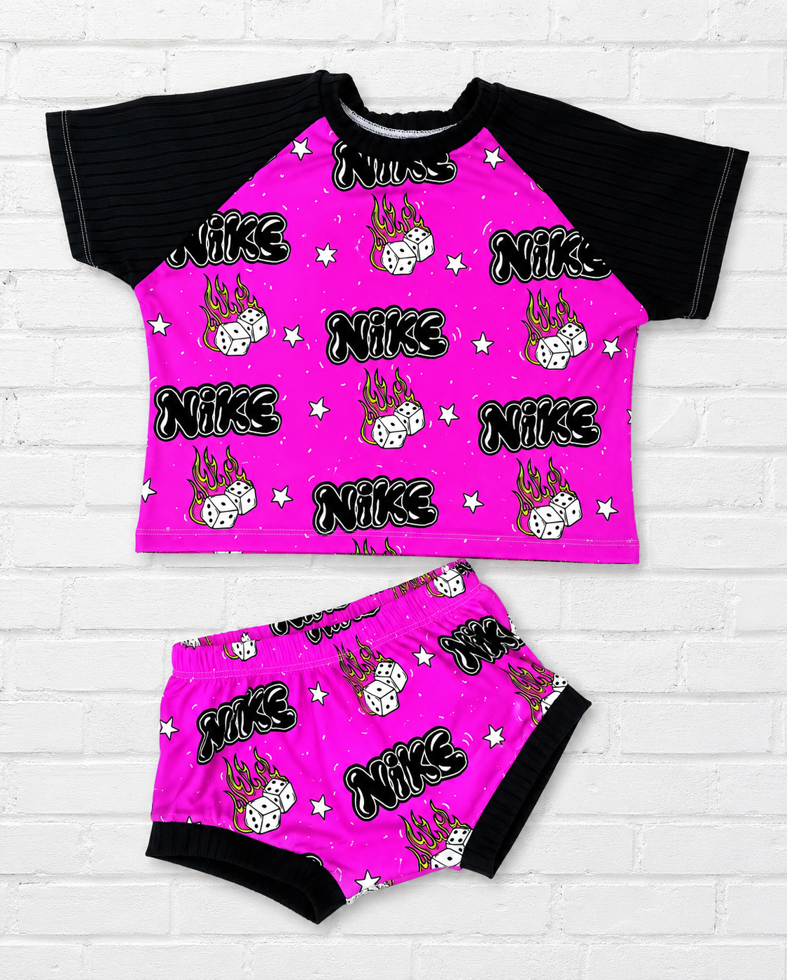 Pink Swoosh Dice Modest Crop Raglan & Shorties