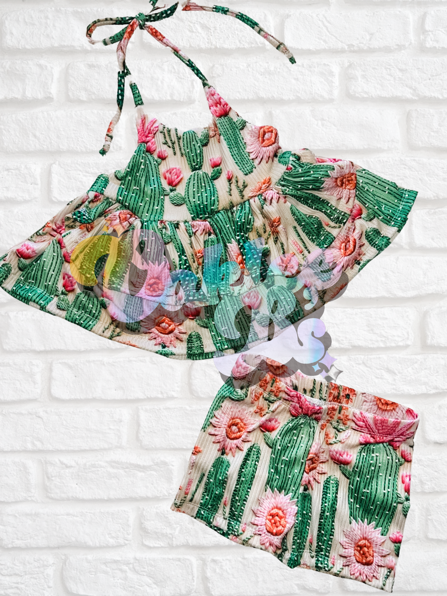 Cactus 2 Tier Ruffle Clover Halter Top & Bikers