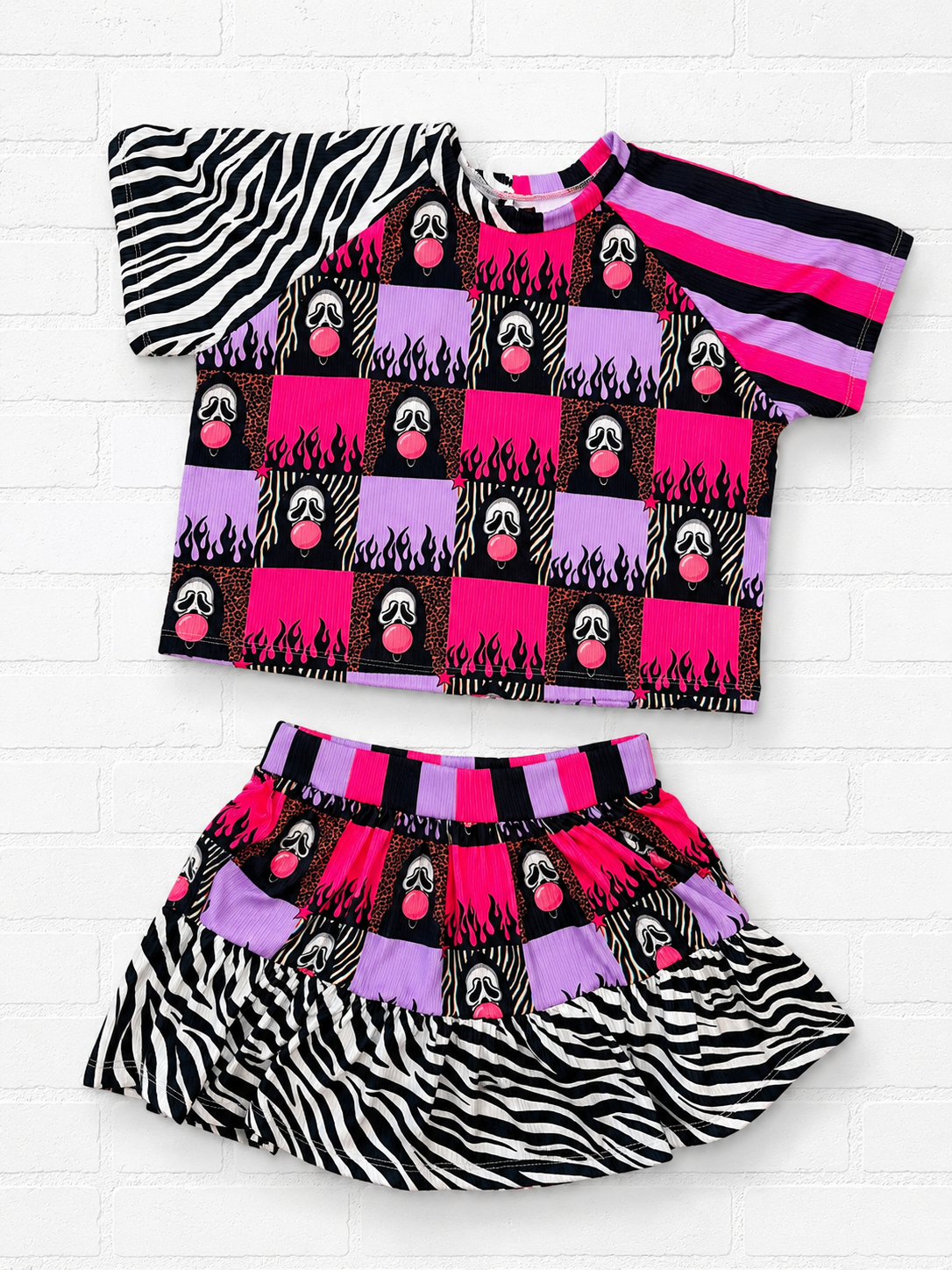 Bubblegum GF modest crop raglan & aurora skirt (attached bikers)