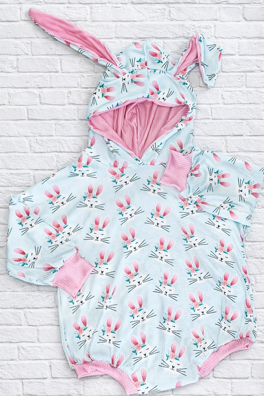 Pink/Blue Bunnies Bunny Ear Romper w Snaps