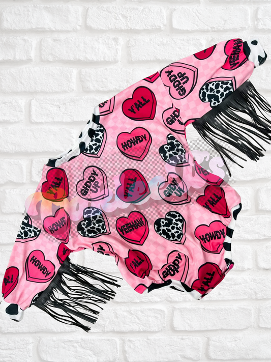 Western Candy Hearts Sweater Romper w/ Fringe & Snaps (Ships by 1/30)