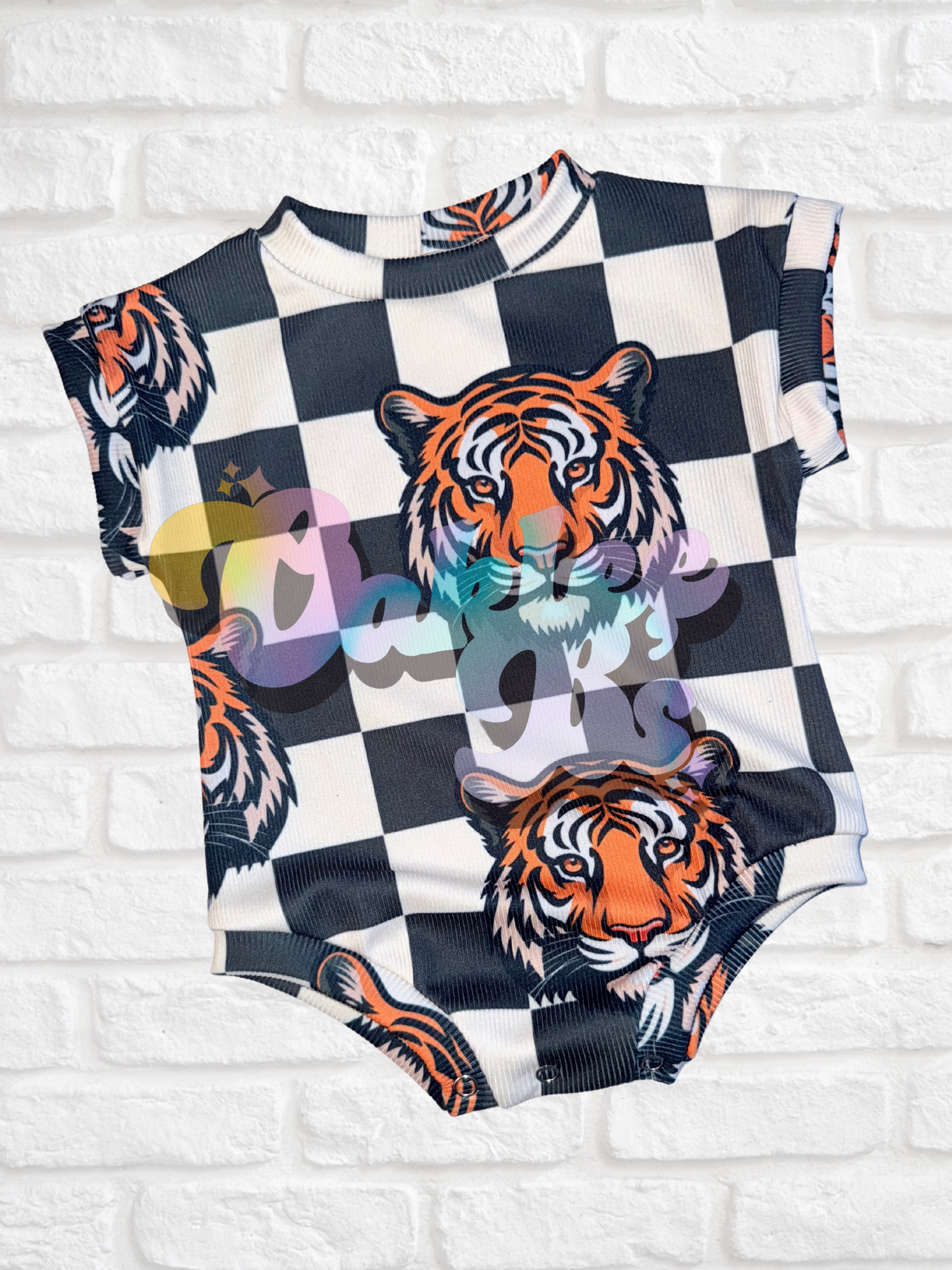 Tiger Checks Tee Romper w Snaps