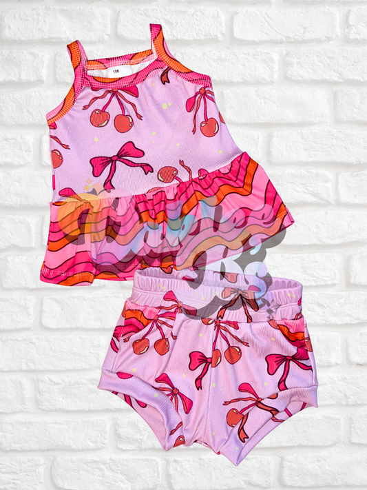 Pink Stripes/Cherries Cami Peplum & Pocket Shorties
